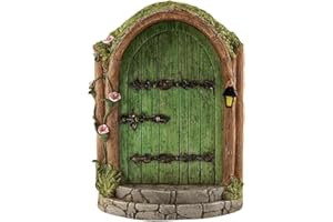 Gowxs Grüne Feentür aus Holz, Miniatur-Feengartentüren, Outdoor-Mini-Feenzwerg, Hauszubehör für Baumstamm, Ornamente, Gartenskulpturen und Statuen Figuren und Statuen