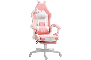HOMCOM Sedia Gaming Ergonomica con Orecchie da Gatto, Poltrona Gaming Ufficio Reclinabile in Finta Pelle con Poggiapiedi, Poggiatesta e Altezza Regolabile, Supporto Lombare e Cervicale, Rosa