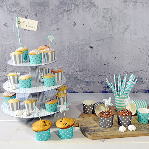 50 Frau Wundervoll Muffin Backformen aus stabilem Papier, klein Ø 5 cm, türkis mit grauen Sternen / Muffinförmchen / Cupcake Backformen / Muffindeko aus stabilem Papier - 4