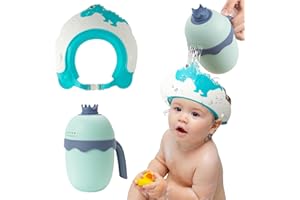 FUNUPUP Baby Shower Cap for Kids with Bath Rinse Cup, Adjustable Toddler Hair Washing Shampoo Shield Hat Baby Bath Visor Shower Hat for Kids 6Mouths-9Year（Dinosaur Blue)