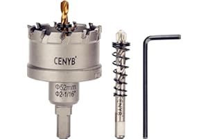 CENYB scie cloche metal 2-1/16" (52mm) à pointe en carbure de tungstène, avec 2 forets pilotes titanées - Idéale pour métaux durs, acier inoxydable, fer, alliage d'aluminium, bois et plastique