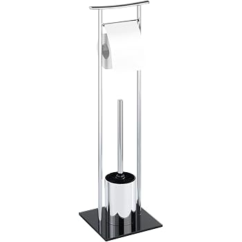 Porta Carta Igienica Con Scopino - Senza Foratura - Acciaio Inox E Ripiano In Vetro - Design Moderno