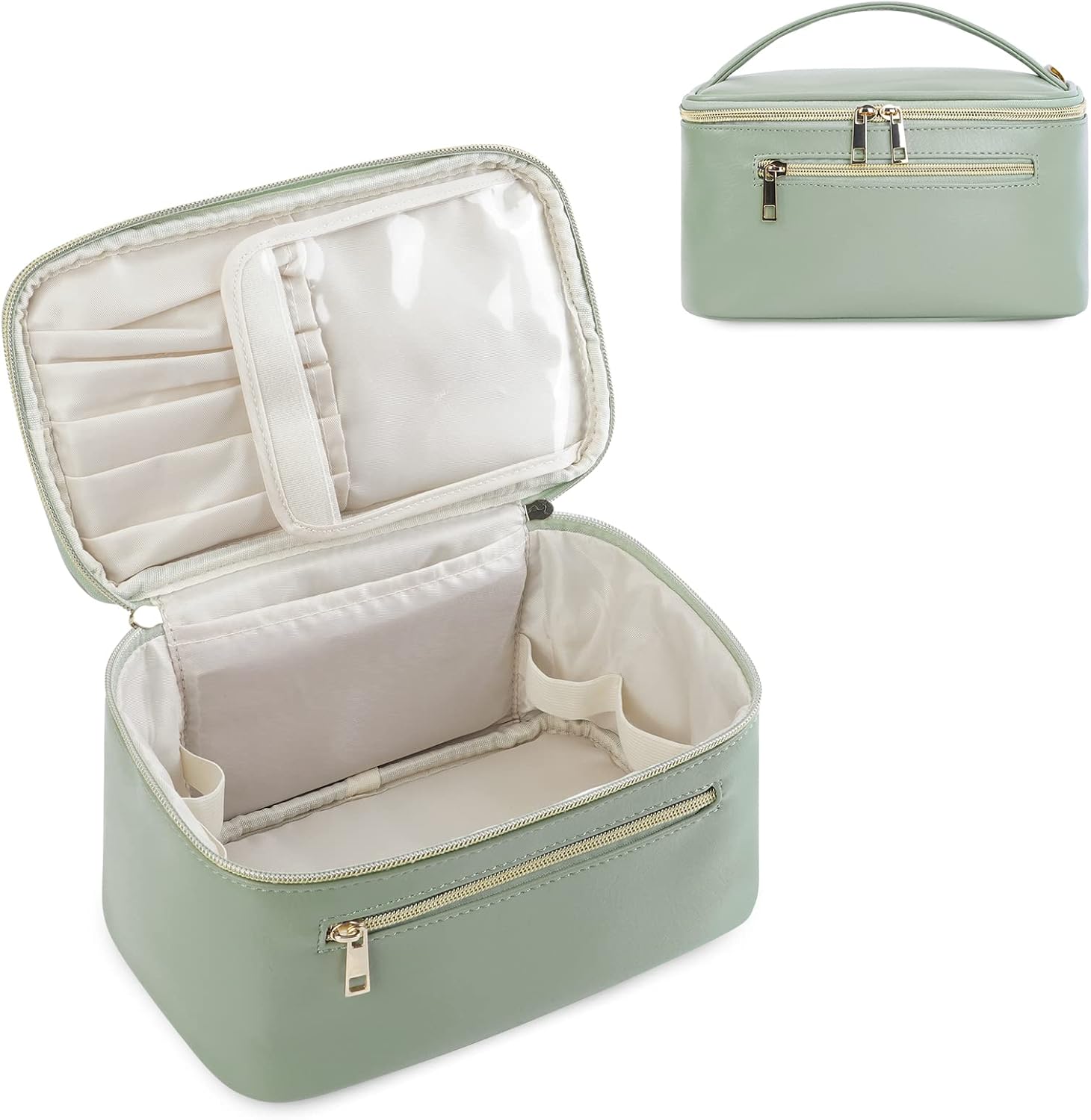 Travel Makeup Bag with Brush Compartment, Large Cosmetic Bags, PU Leather Makeup Case with Handle, Water-Resistant for Women, Green (Patent Pending)