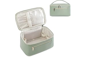 WANDERING NATURE Neceser Maquillaje Cuero Bolsa de Cosméticos con Porta Brochas Grande Multifuncional Hidrófugo para Mujer Viajes Nocturnos, Verde Patente Pendiente