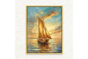 Art Decor Framed Canvas Wall Art of Sailing Boat Painting with Golden Sunset Portrait Neutral Color Print Wall Decor for Home Office Living Room Bedroom Gifting 75x100cm