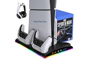 LYtech Support pour PS5/Slim - Ventilateur de Refroidissement à 3 Vitesses avec Chargeur Manette, Indicateur LED, 3 Ports USB et 13 Emplacements de Jeu