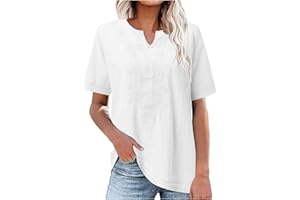 FUNALOE Ladies Blouses Sale, Tops and Blouses Summer Tops for Women UK Short Sleeve Tops Plus Cotton Linen Shirts Down Embroidery T-Shirt Top V Neck Shirts Fashion Down Plain Casual Tops Size 6-18