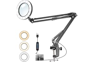 Topsky LED Magnifying Desk Lamp, 5X Magnifier 10 Brightness Levels Dimmable 3-colour Modes with Adjustable Extended Metal Arm for Reading/Needlework/Crafts (Black)