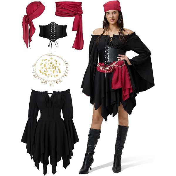 Kasahara Costume De Pirate Médiéval Pour Femme – Corset, Bandana, Ceinture Et Cache-œil – Accessoires Halloween Kasahara Costume De Pirate Médiéval Pour Femme – Corset, Bandana, Ceinture Et Cache-œil – Accessoires Halloween