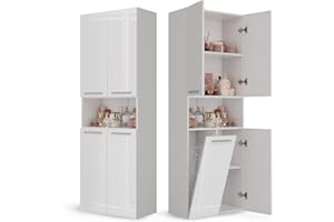 CDF NEL 1K DK wysoka szafka łazienkowa | kolor: biały błyszczący | nowoczesny regał łazienkowy | szafka do przechowywania | przestronne półki | drzwi | łatwy montaż | 1 kosz na pranie | stylowe