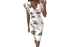 Briskorry V-Ausschnitt Blumen Etuikleider Knielang Business Kleider Damen Sommer Elegante Bustier Festkleider Sexy Rüschensaum Gerafftes Ärmelloses Enges Kleid Partykleid Vintage Dress