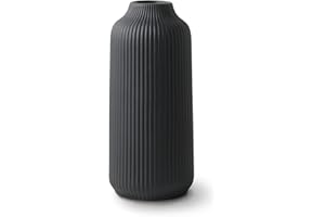 ‎FLATURE flature Keramik Vase mit Rillen - für Pampasgras als Boho Deko, kleine Vase Schwarz Matt 21cm hoch für Flowers, Wohnungsdeko für frische Blumen, Trockenblumen, Esstisch, Büro (Gr.M)