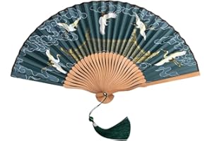 KBRPEY Fächer mit Kranichmuster Dunkelgrün Handfächer Retro Stil Handfächer Elegant Faltbarer für Festival Party DIY Dekoration Leistung Tanz