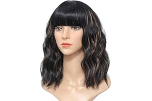 YEESHEDO Perücke Schwarz mit Braun Highlights Damen Kurz Bob mit pony Locken Natürlich Perücken für Frauen Cosplay Perrucke Wig 14 Zoll
