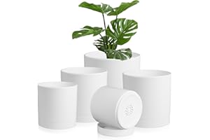 Homeuouz 5 Packs Blumentopf mit Untersetzer, 17.8cm/15.2cm/14cm/12.7cm/10.2cm Pflanzentopf, Plastik Übertopf, Hydrokultur Topf, Blumentöpfe Set Ideal für Innen und Balkongärten,Weiß