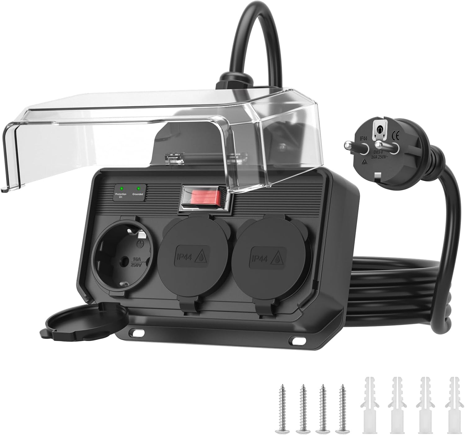 Regleta Enchufes Exterior IP44 Impermeable,Regletas Proteccion Sobretension con Interruptor 16A Sobrecarga,Base Enchufe Múltiple Pared,Exteriores Ladron 3 Tomas con Tapas,Alargador H07RN-F 1,5M,Negro