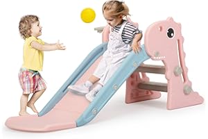 LEFLUFFY 3 in 1 Toddler Slide for Boys Girls Age 1-3, Baby Slide Plastic Climber Playset with Basketball Hoop and Ball, Indoor Slide and Outdoor Playground Slide for Kids (Dinosaur Pink)