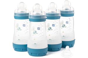 MAM Easy Start Anti-Colic Baby Bottles | 4 Pack (4X 260ml) | Self-Sterilising Baby Milk Bottle | Medium Flow MAM Teats Size 2 + 1x Fast Flow Teat Size 3 | Blue (Various Designs)