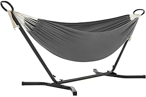 SONGMICS Amaca con Supporto, Amaca di 210 x 150 cm, 5 Altezze Regolabili, Portatile con Sostegno in Metallo, Max. Portata di 240 kg, per Giardino Terrazzo, Supporto Nero e Amaca Grigia GHS001G01