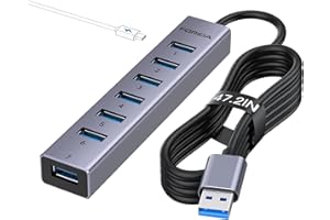 FORIDA 8-Port USB Multiport Hub mit 7 USBA 3.0 Datenanschlüssen mit 5Gbps, Langkabel 3.0 Splitter Adapter mit 5V / 3A Type-C Port, Aluminium USBA Verteiler für PCs, Laptops (USB A, 120cm Grau)