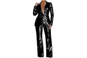 QWUVEDS Women Sequin Suit Set 2 Piece Pants Set Lapel Collar Slim Fit Formal Suits for Women Suit Sequin Sets Velour Jogging Suit Women