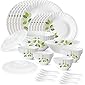 Larah by Borosil Green Leaves Silk Series Opalware Dinner Set, 35 Pieces, White