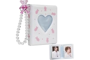 Babyfond 3 Inch Mini Photo Album, 40 Pockets Heart Hollow Card Binder Cartoon Bear Photo Album, Kpop Idols Card Binder with Pearl Bear Hanging chains (White Bear)
