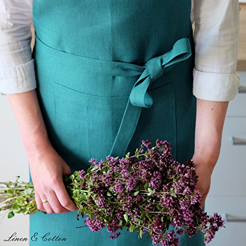 Linen & Cotton Luxus Schürze, Küchenschürze, Kochschürze, Grillschürze “ELLA“ – 100% Leinen (70 x 84cm, Türkis) - 3