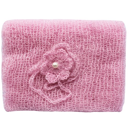 iEFiEL Newborn Baby Mohair Crochet Knit Wrap Blanket Photography Prop with Flower Headdress Headband (Pink with Headband)