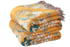 ‎HOORDRY HOORDRY Tagesdecke 200x230cm Baumwolle Wendedecke Kuscheldeck,Doppelseitig Boho Decke Gelb & Grün mit Fransen,bettüberwurf Superweiches Baumwollmaterial für Fernsehen oder Nap auf dem Stuhl