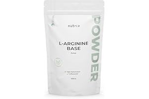 NUTRI + nutri+ L-Arginine Base Poudre 1 kg - hautement dosée - végétale par fermentation - L-Arginine pure Powder 1000 g - Vegan - Neutre - sans additif - qualité premium