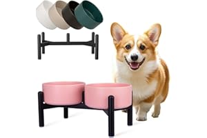PTOBER Gamelle pour Chien Surélevée en Ceramique - Double Bol avec Support en Acier Inoxydable - Gamelles Surélevées pour Petits et Moyens Chiens - 850 ML x 2 - Rose