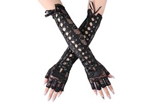Duluok Steampunk Lace Up Elbow Gloves - Adjustable Gothic Punk Fingerless Long Gloves for Cosplay, Wedding, Prom, Fancy Dress Party (Black)