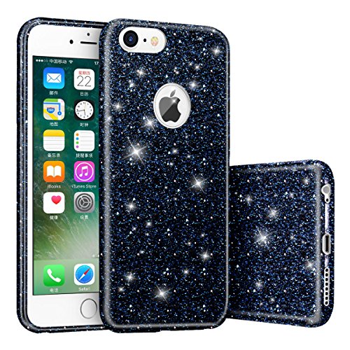 iPhone 7 Case,Hanlesi SHINY iPhone 7 Cover Case[3 in 1 Layers Protection] TPU+PC Ultra Slim Bling Sparkle Glitter Protective/Soft Case for Apple iPhone 7 4.7 Inch(Black)