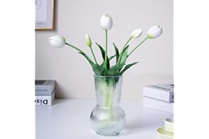 WAKISAKI 40 cm alta qualità finti tulipani artificiali realistic tocco reale, stelo flessibile, tulipano fiori artificiali facili da modellare (senza vaso), set da 5, Menta Piperita Bianco