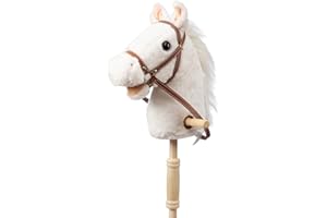 BEJOY Stick Horse with Wood Wheels, Hobby Horse Toy, Real Pony Neighing and Galloping Sounds Plush Toy White 36 Inches(AA Batteries Required)
