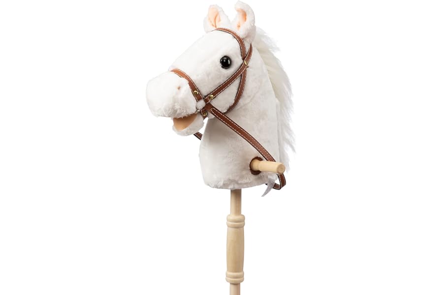 BEJOY Stick Horse with Wood Wheels, Hobby Horse Toy, Real Pony Neighing and Galloping Sounds Plush Toy White 36 Inches(AA Batteries Required)