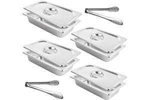 LOLYSIC 4 Pcs Gastronorm Pan 1/3, Stainless Steel Food Containers with Lids & 2 Kitchen Tongs, 65mm Deep GN Pans Bain Marie Pots, 32.5 x 17.5 x 6.5 CM