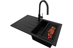 PRIMAGRAN Granitspüle Alles Schwarz 78x50cm, Spülbecken 1 Becken + Küchenarmatur 40x20cm + Ablauf-Set, Küchenspüle ab 45er Unterschrank - Mailand S047