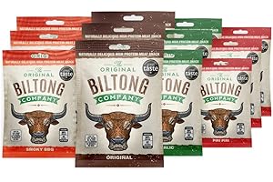 THE ORIGINAL BILTONG COMPANY Biltong Taste Box, four flavours, Original, Smoky BBQ, Piri Piri & Garlic, Tasty High Protein, Low Fat, Gluten & Nitrate Free, Savoury Snack. (12 x 30g. All four flavours)