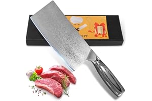 Home Safety Mannaia di Damasco - Coltello da Cucina - Coltello Cinese Circa 18 cm Coltello da Chef - Coltello da Carne Professionale in Vero Acciaio di Damasco, Manico in Legno Pakka