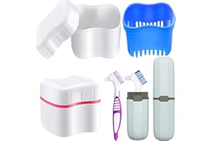Denture Box, LONTOM 2 Denture Bath Case 2 Denture Cleaner Brushes 2 Toothbrush Box, Plastic False Teeth Soaking Container with Rinsing Basket, Portable Retainer Case for Home & Travel Cleaning