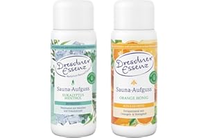 ‎DRESDNER ESSENZ Dresdner Essenz Sauna-Aufguss Eukalyptus Menthol + Orange Honig | befreiende Sauna mit Menthol- & Eukalyptusöl + harmonisierend mit Orangen- und Honigduft sowie Minzöl | Set bestehend aus 2 x 250 ml