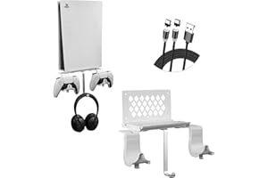 Hosanwell PS5 Wall Mount Bracket Shelf Set, Playstation 5 Wall Mount Made of Concrete Steel Metal with Detachable Controller Holder & Headphone Hanger, Easy Install with Accessories, White