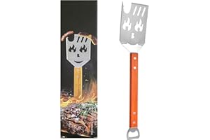 Biglumin Accessoires Barbecue - Spatule Gril 7 en 1 pour BBQ, ustensiles Barbecue INOX avec Manche en Bois, Outils de Barbecue Uniques et créatifs, Couteau et Fourchette, scie, décapsuleur.