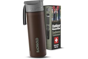 BACHGOLD® Botella filtro purificador para exterior [500ml] capacidad de filtrado 1500L I Elimina el 99,99 % de las bacterias y filtra microplásticos, partículas y cloro I Para situaciones críticas