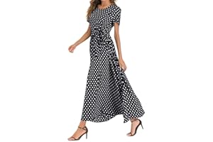 HAOLEI Maxi Dresses for Women UK Sale Clearance Polka Dot Short Sleeve Summer Dresses with Belt Evening Party Holiday Elegant Ladies Wedding Guest Dress Beach Boho Hawaiian Dress Sundress Long Dresses