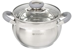 ‎DANIKS DANIKS Modern Garnek ze Stali Nierdzewnej 4 L, Ø 20 cm | Rondel Indukcyjny ze Szklaną Pokrywką i Silikonowe Uchwyty | Garnek do Gotowania ze Skalą Pomiarową