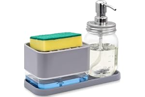 HVOVMVE Hand and Dish Soap Dispenser Set with Sponge Holder,r for Countertop Storage Organize for Kitchen Sink with Tray, Kitchen (Gray 1)