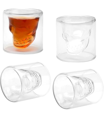 Roestvrijstalen borrelglazen met gouden doodskop, 4 stuks, 70 ml, met geschenkdoos, stapelbare drinkbekers, feestbekers, vaderdagcadeau, cadeaus voor gothic-fans, bruiloft, verjaardagen, picknick